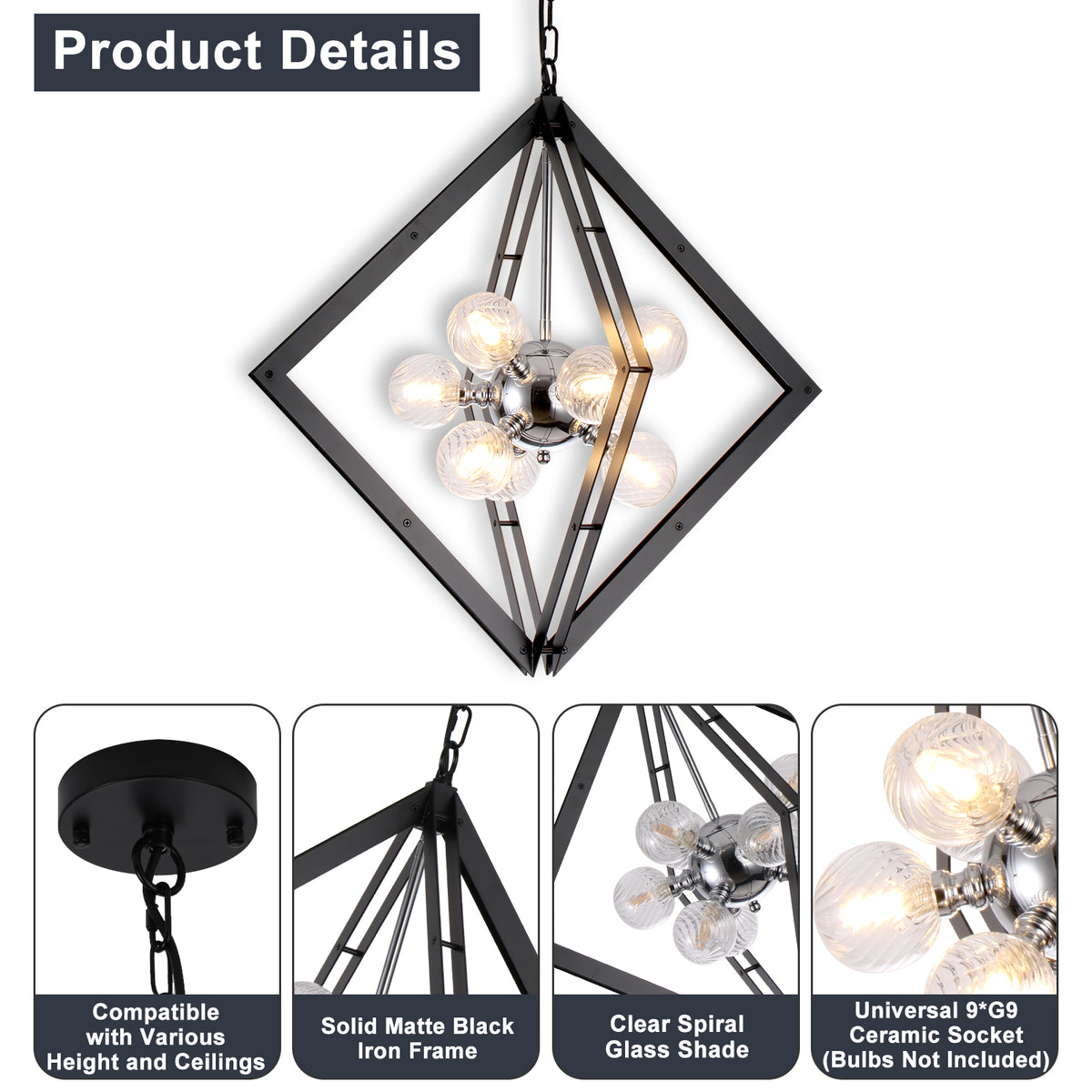 Modern Black Sputnik Chandelier with Clear Glass Shades Dining Room