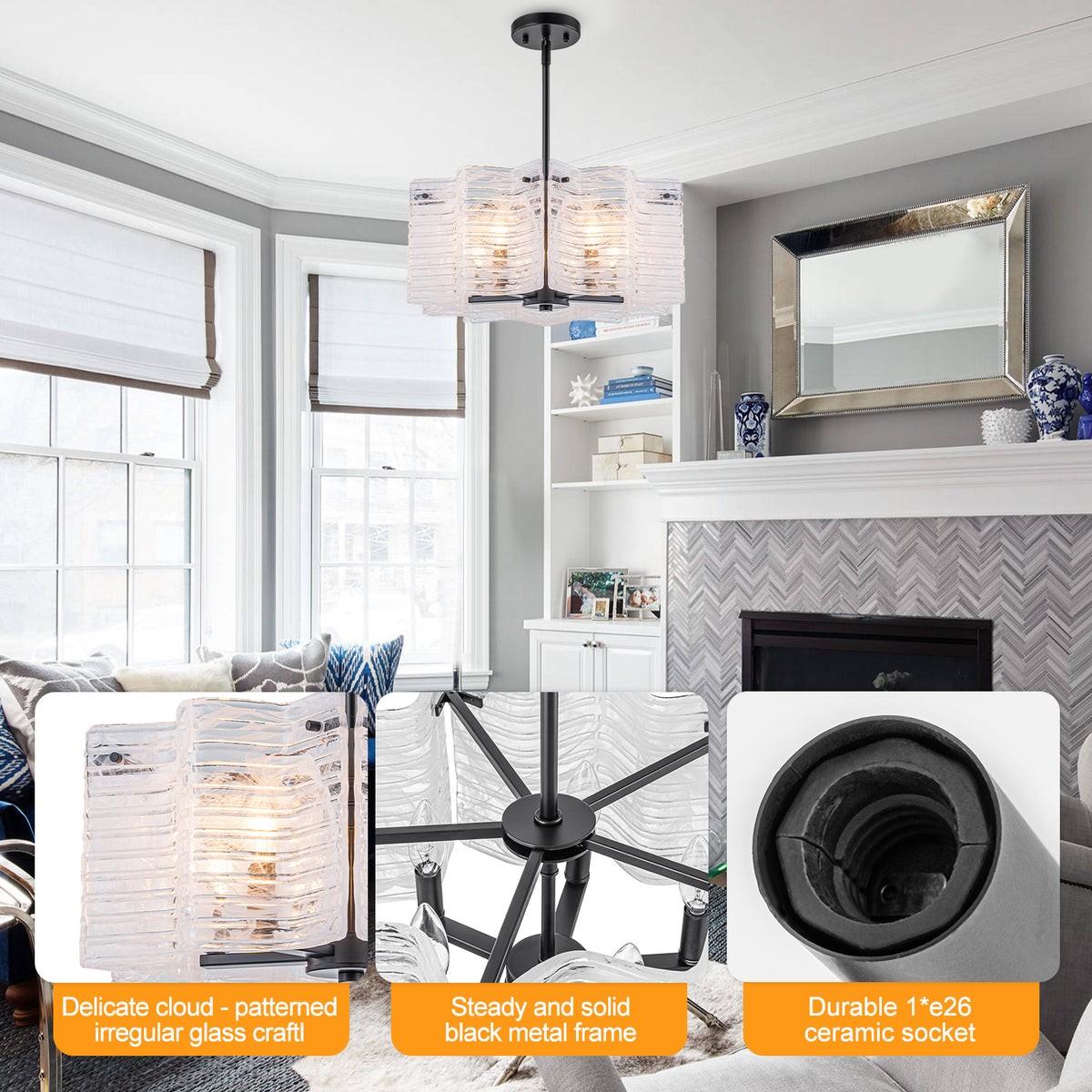 Modern 5-Light Glass Chandelier with Cloudy White Shades - product image 3 | Zenvolit