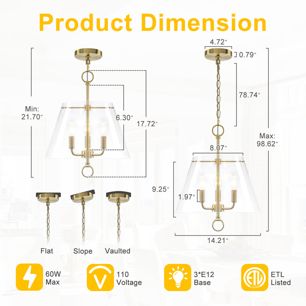 14.21" 3-Light Modern Gold Pendant Chandelier with Clear Glass Shades - product image 4 | Zenvolit