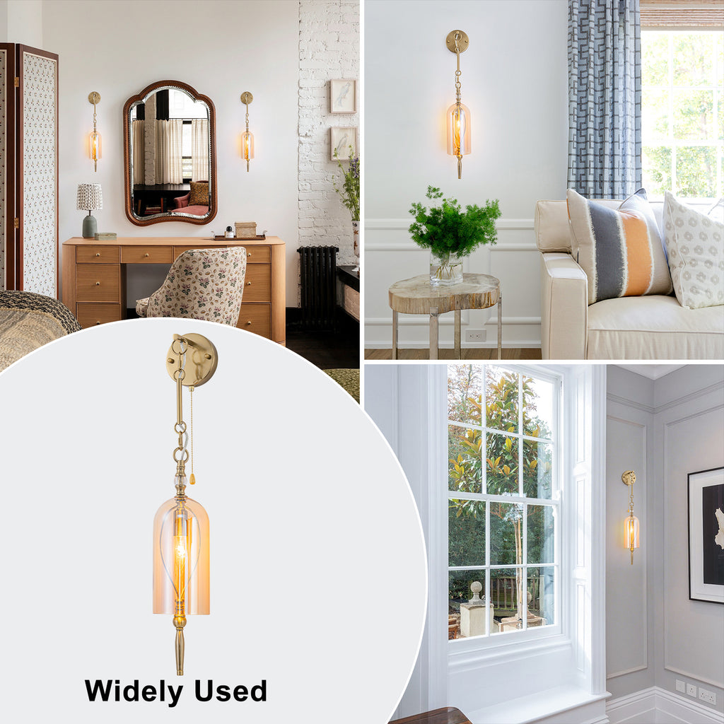 1-Light Vintage Gold Wall Sconce with Amber Glass Shade Retro Fixture - product image 6 | Zenvolit