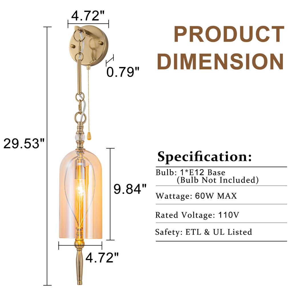 1-Light Vintage Gold Wall Sconce with Amber Glass Shade Retro Fixture - product image 7 | Zenvolit