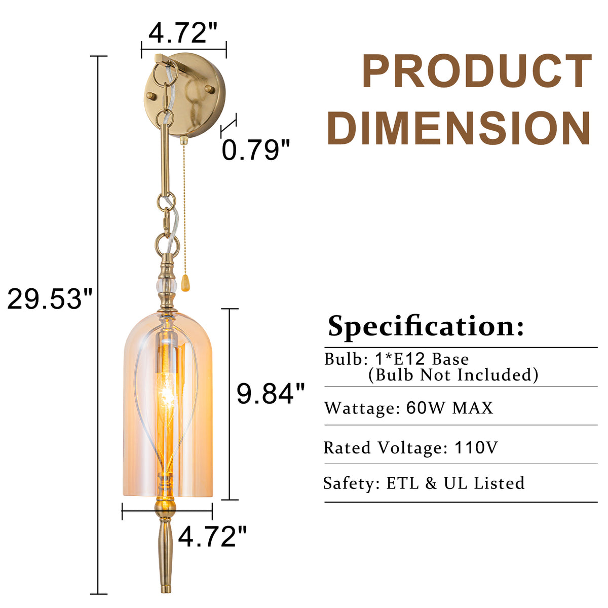 1-Light Vintage Gold Wall Sconce with Amber Glass Shade Retro Fixture - product image 7 | Zenvolit