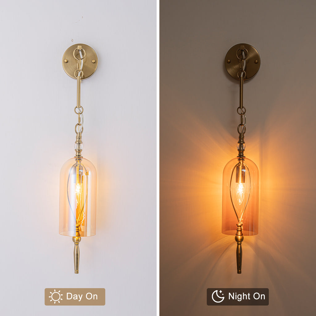 1-Light Vintage Gold Wall Sconce with Amber Glass Shade Retro Fixture - product image 8 | Zenvolit