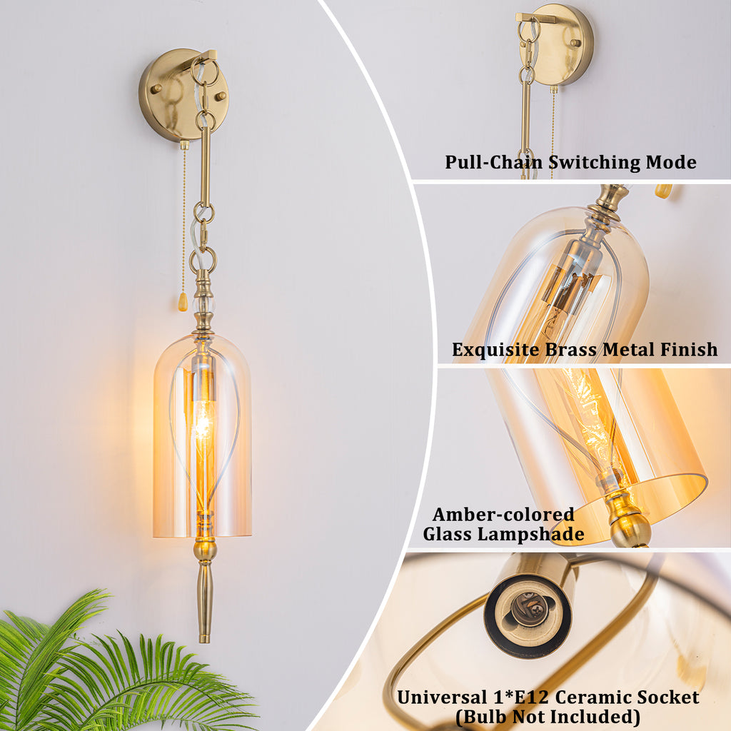 1-Light Vintage Gold Wall Sconce with Amber Glass Shade Retro Fixture - product image 15 | Zenvolit