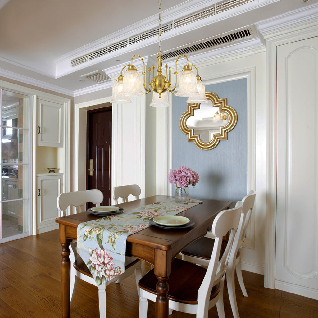 5-Light Vintage Gold S-Arm Chandelier with Frosted Glass Bell Shades - product image 1 | Zenvolit