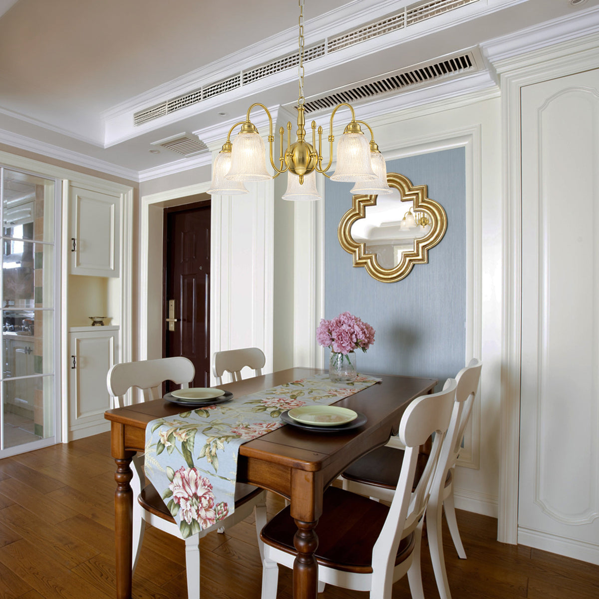 5-Light Vintage Gold S-Arm Chandelier with Frosted Glass Bell Shades - product image 1 | Zenvolit