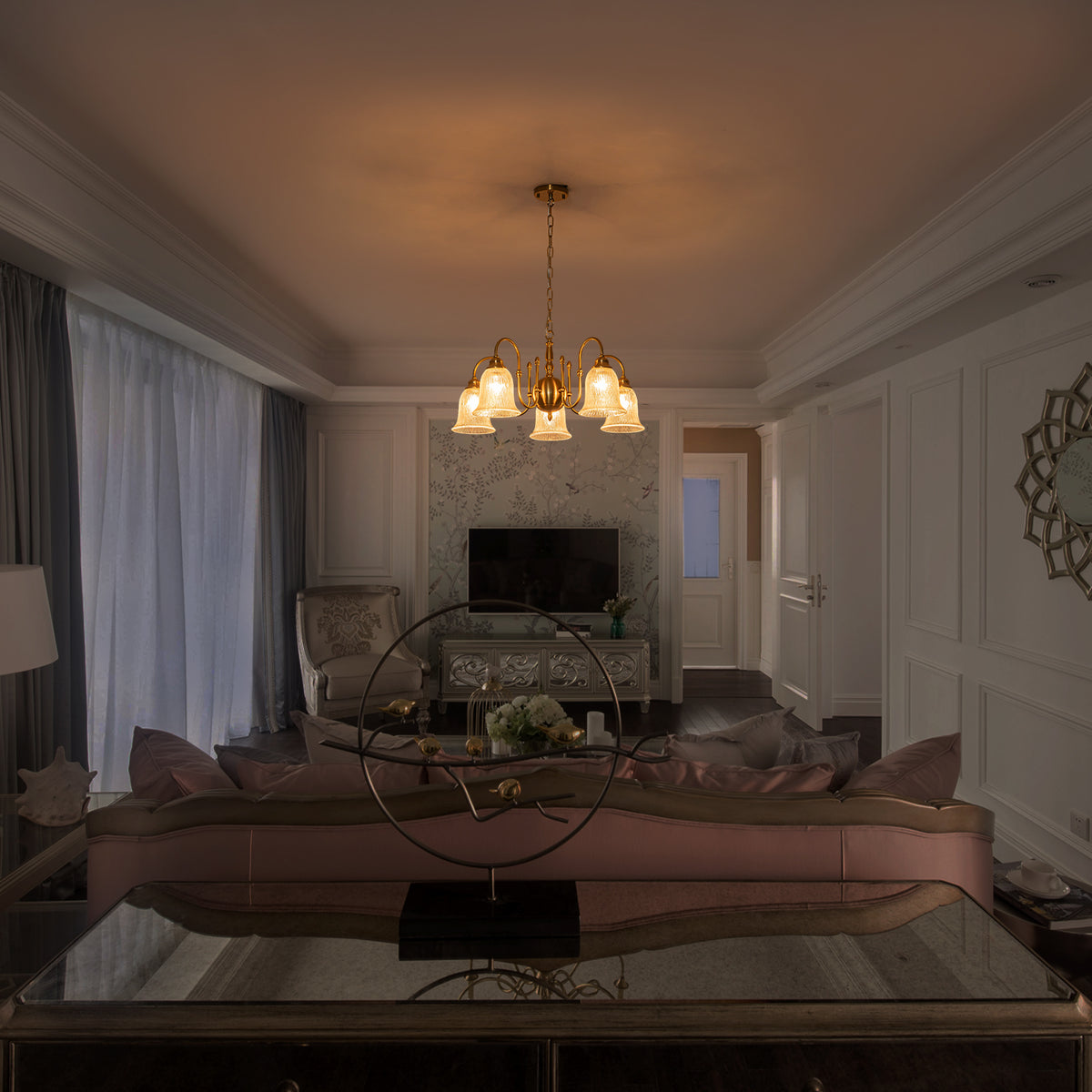 5-Light Vintage Gold S-Arm Chandelier with Frosted Glass Bell Shades - product image 2 | Zenvolit