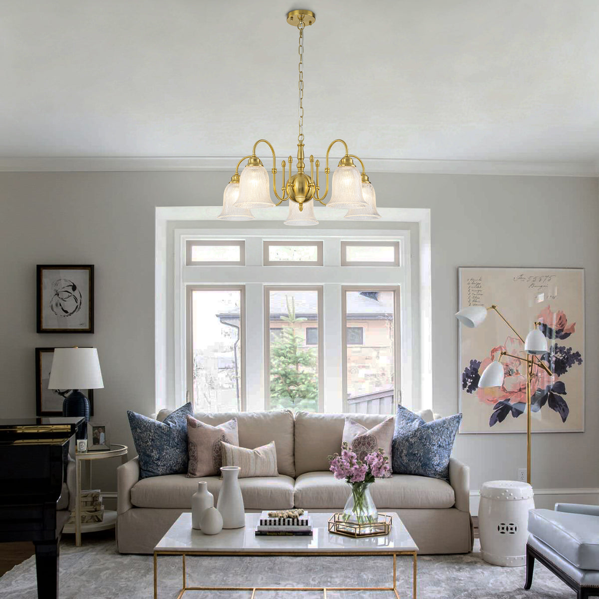5-Light Vintage Gold S-Arm Chandelier with Frosted Glass Bell Shades - product image 3 | Zenvolit