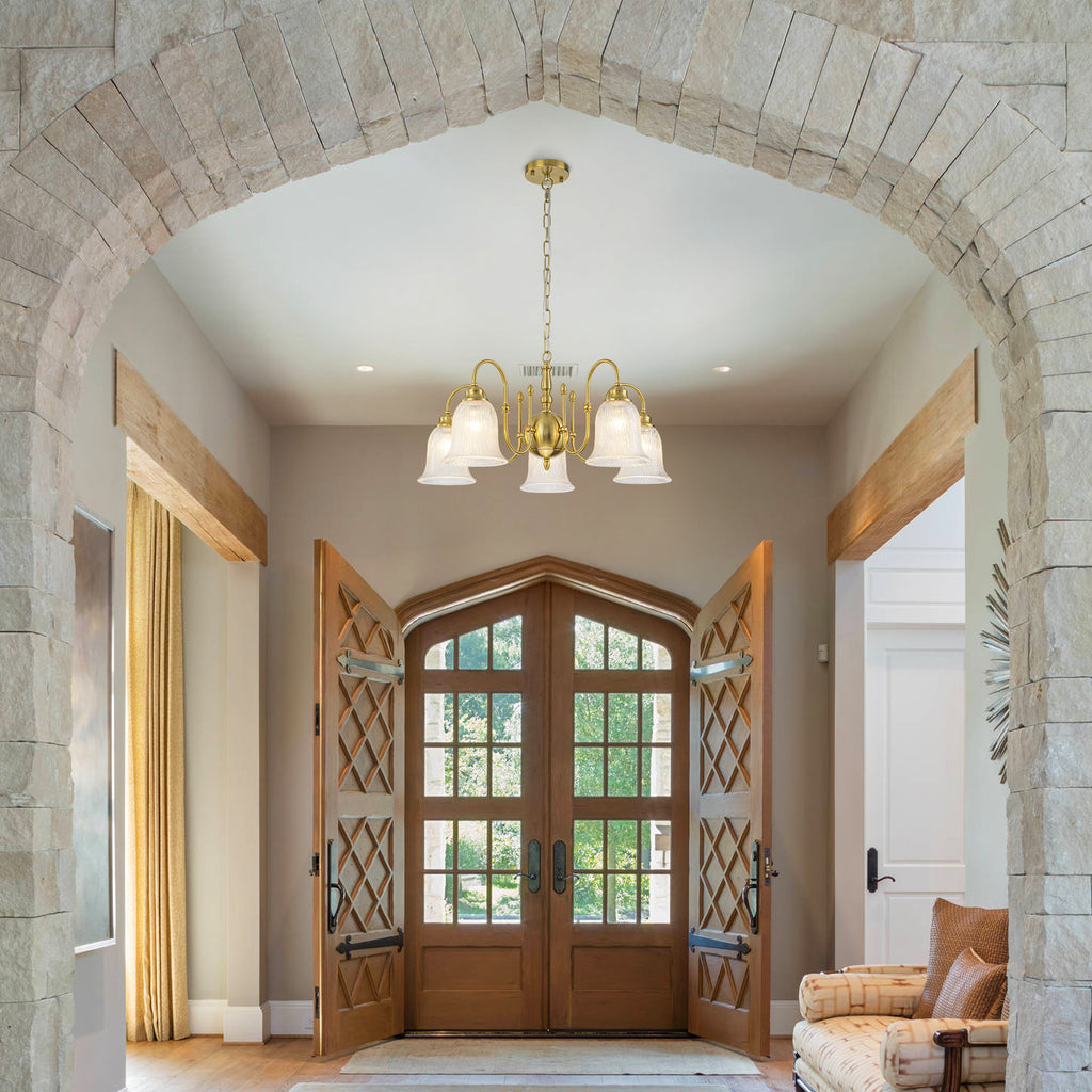 5-Light Vintage Gold S-Arm Chandelier with Frosted Glass Bell Shades - product image 4 | Zenvolit