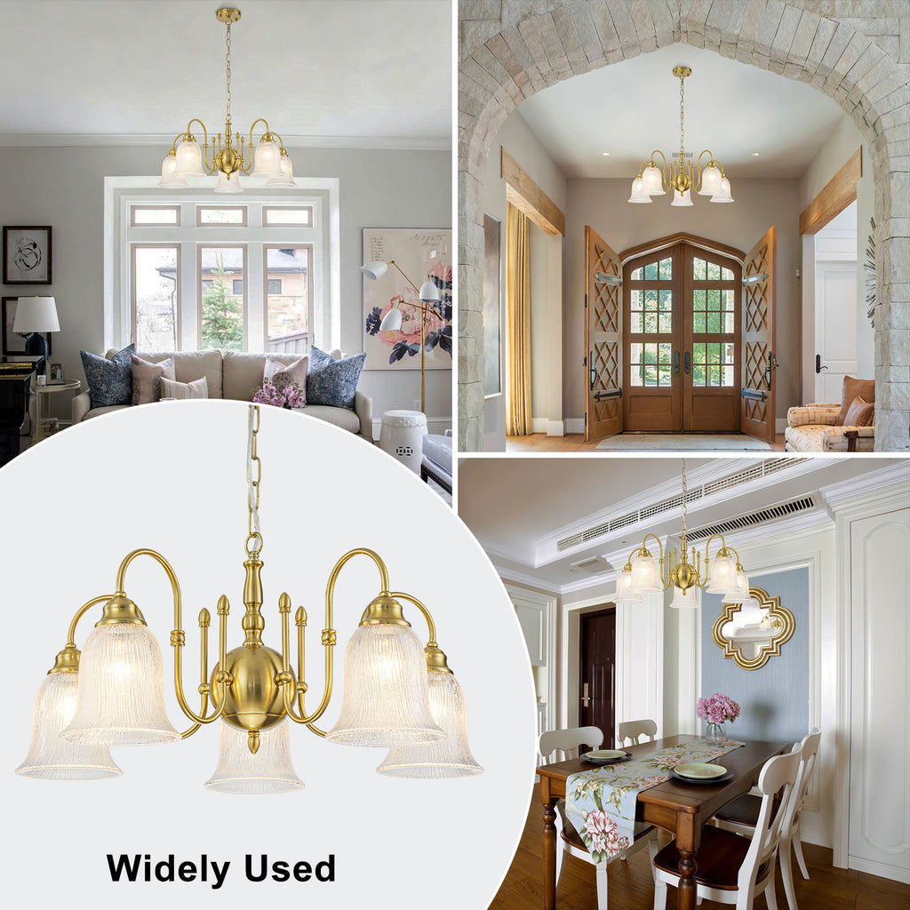 5-Light Vintage Gold S-Arm Chandelier with Frosted Glass Bell Shades - product image 5 | Zenvolit