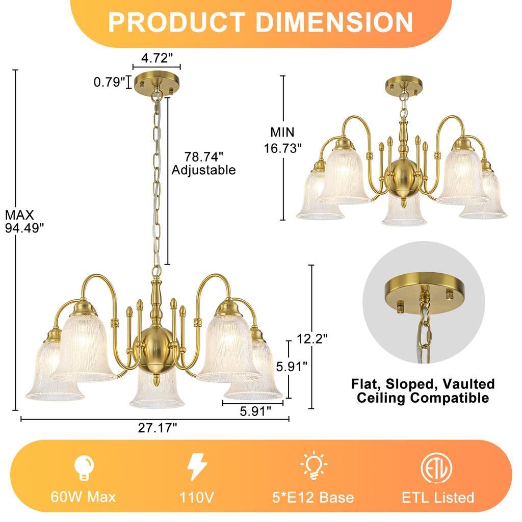 5-Light Vintage Gold S-Arm Chandelier with Frosted Glass Bell Shades - product image 6 | Zenvolit
