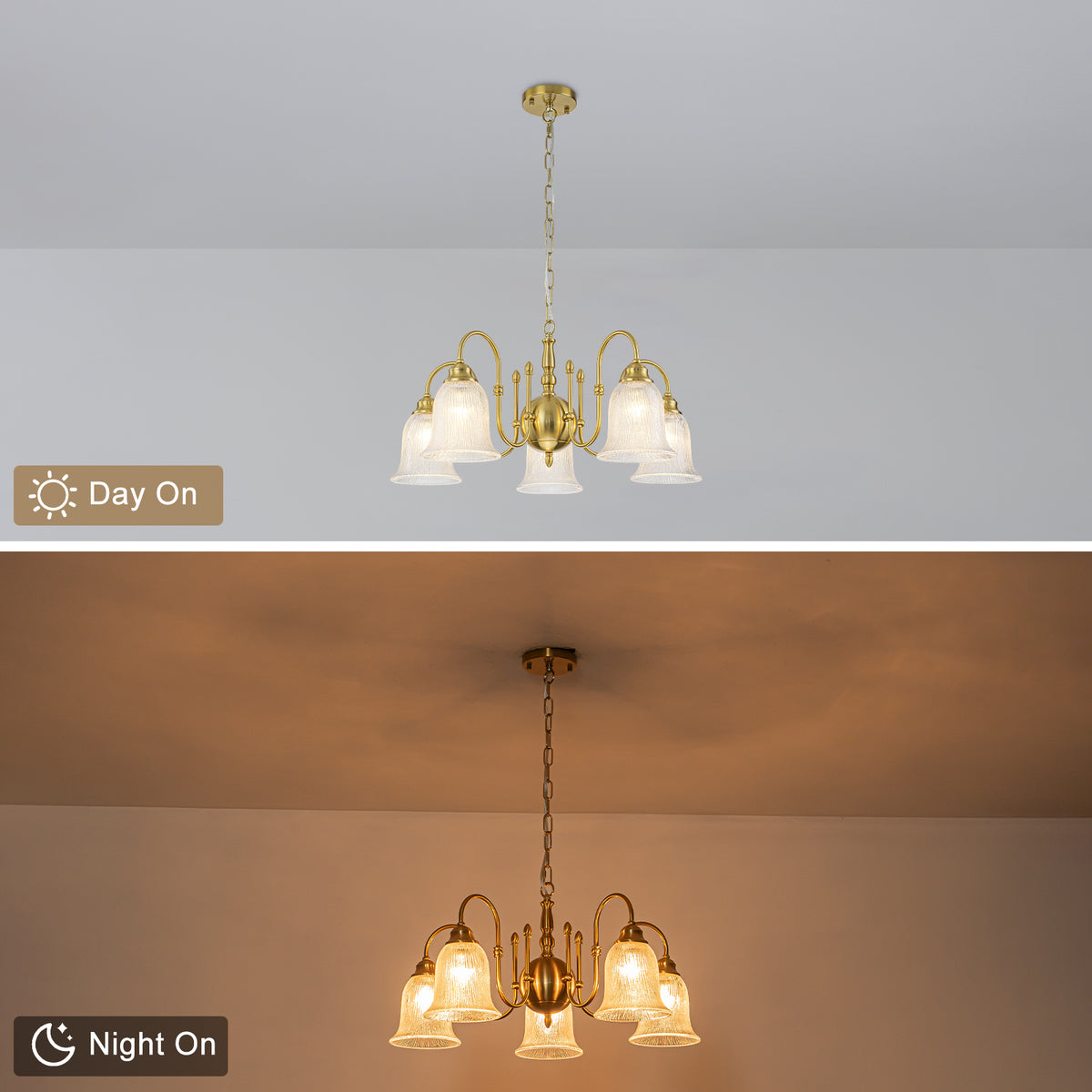 5-Light Vintage Gold S-Arm Chandelier with Frosted Glass Bell Shades - product image 7 | Zenvolit