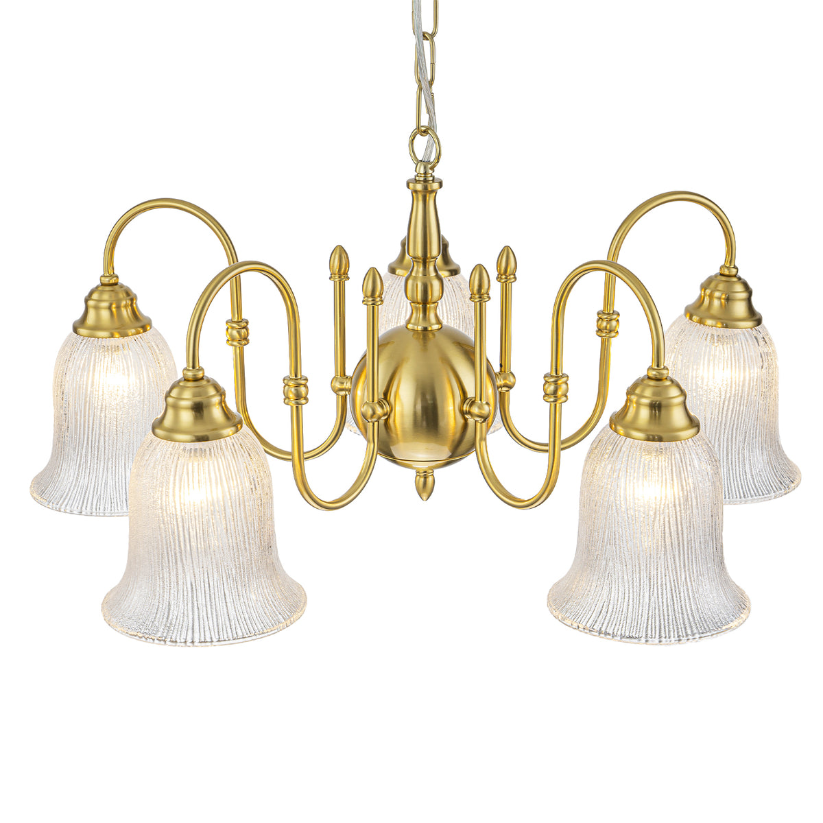 5-Light Vintage Gold S-Arm Chandelier with Frosted Glass Bell Shades - product image 10 | Zenvolit