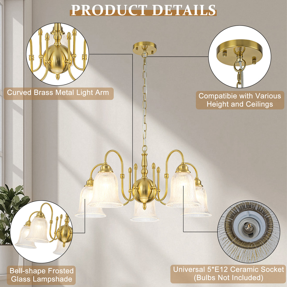 5-Light Vintage Gold S-Arm Chandelier with Frosted Glass Bell Shades - product image 13 | Zenvolit