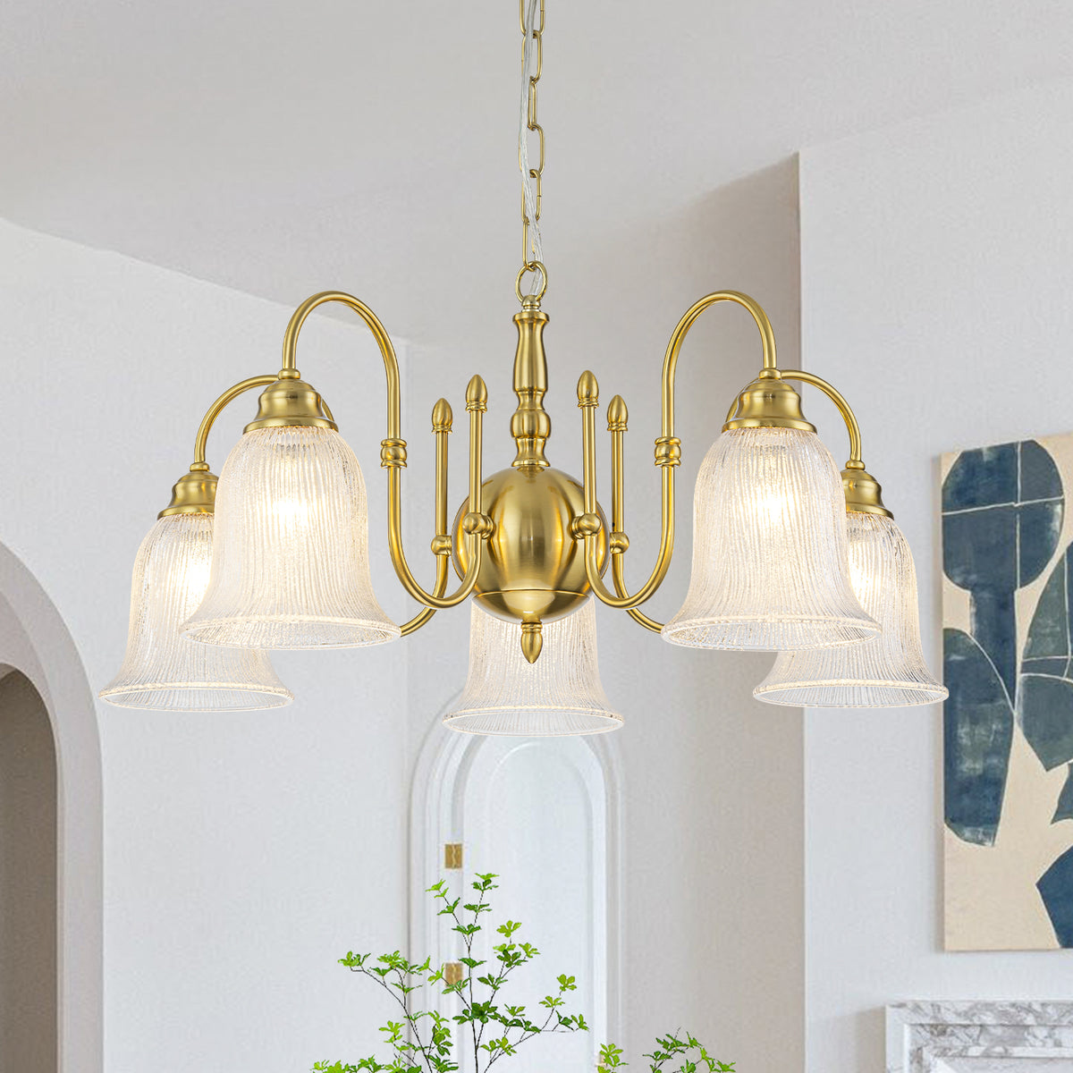 5-Light Vintage Gold S-Arm Chandelier with Frosted Glass Bell Shades - product image 16 | Zenvolit