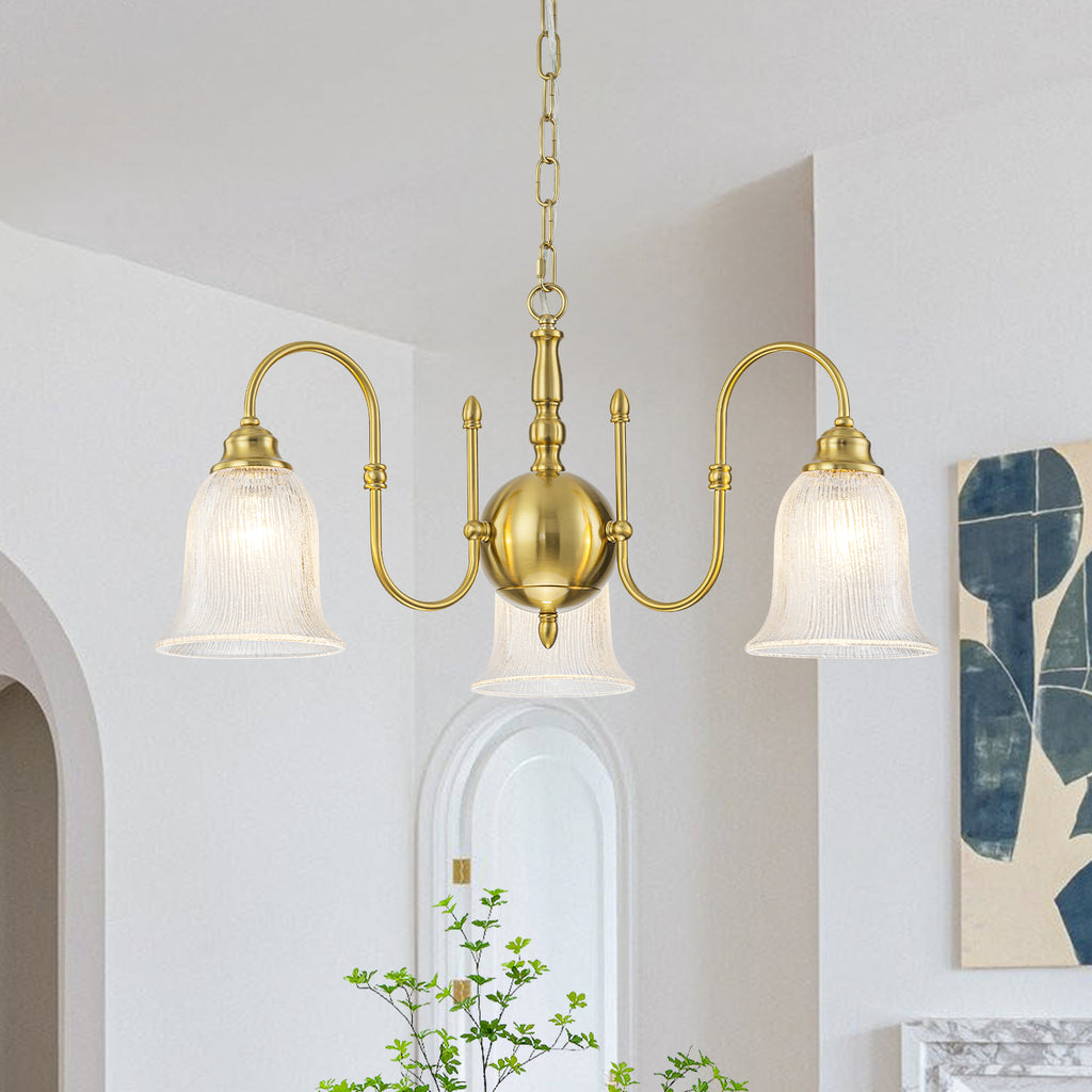 3-Light Vintage Gold S-Arm Chandelier with Frosted Glass Bell Shades - product image 1 | Zenvolit