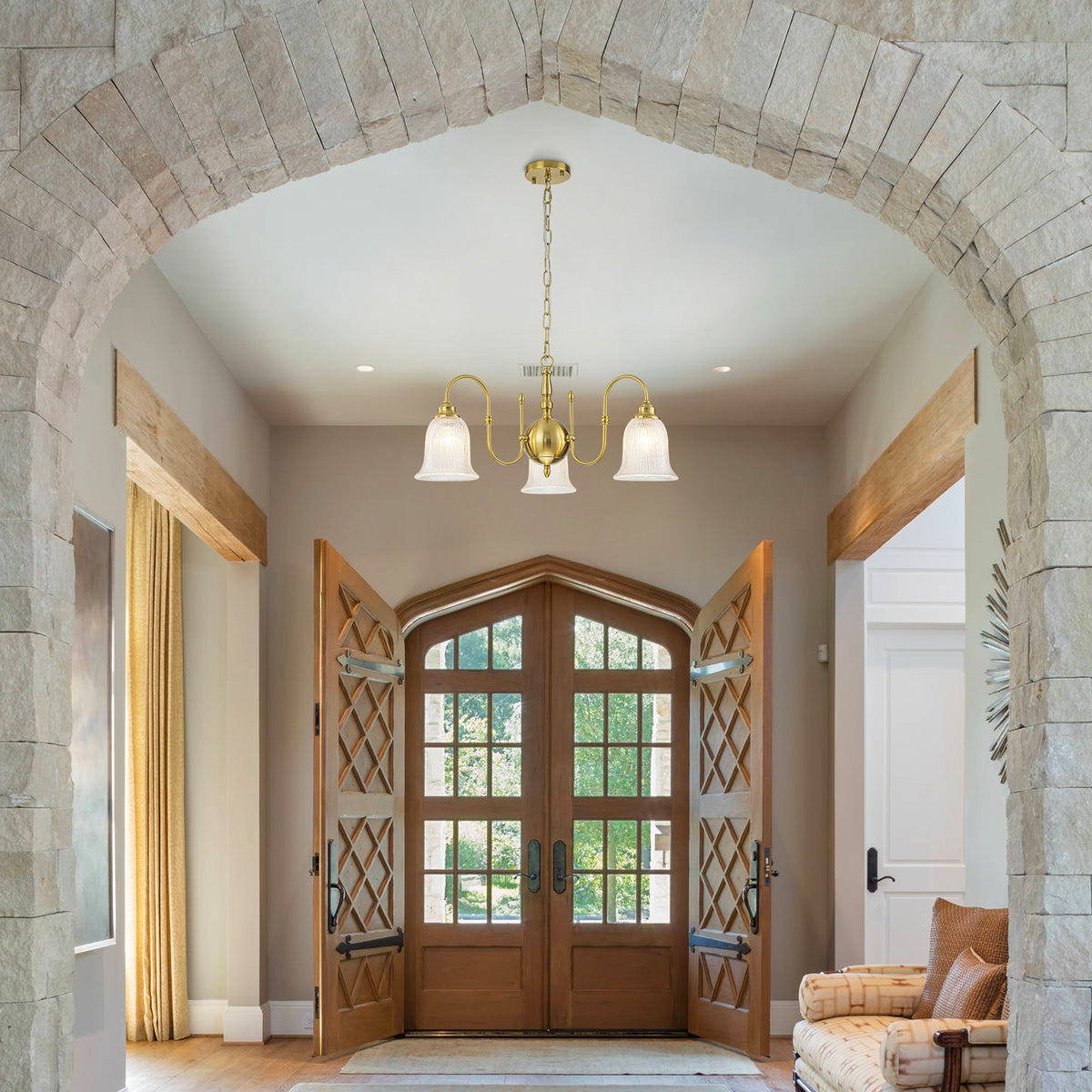 3-Light Vintage Gold S-Arm Chandelier with Frosted Glass Bell Shades - product image 5 | Zenvolit