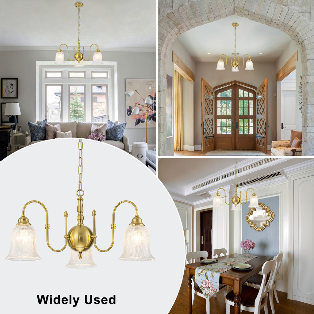 3-Light Vintage Gold S-Arm Chandelier with Frosted Glass Bell Shades - product image 6 | Zenvolit