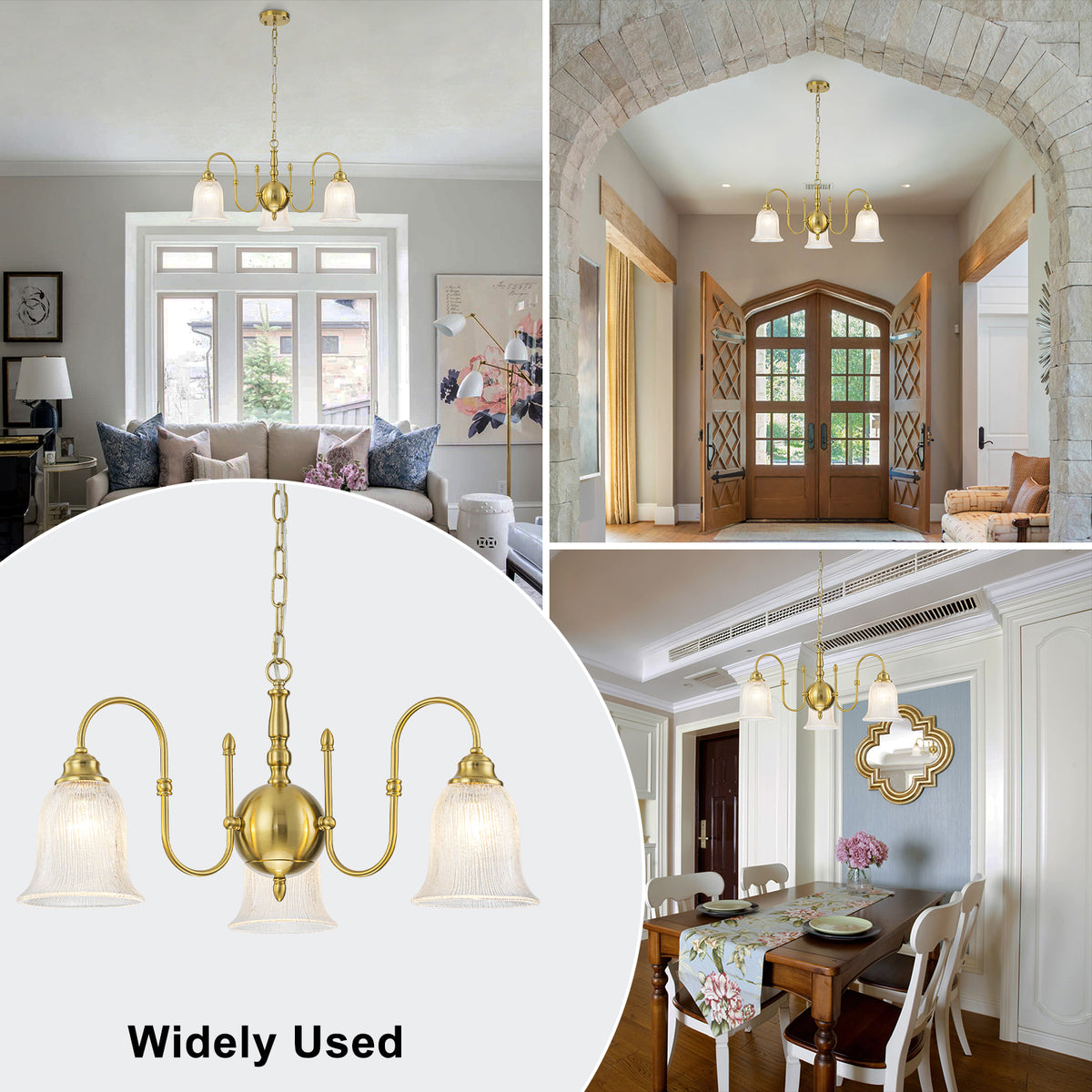 3-Light Vintage Gold S-Arm Chandelier with Frosted Glass Bell Shades - product image 6 | Zenvolit