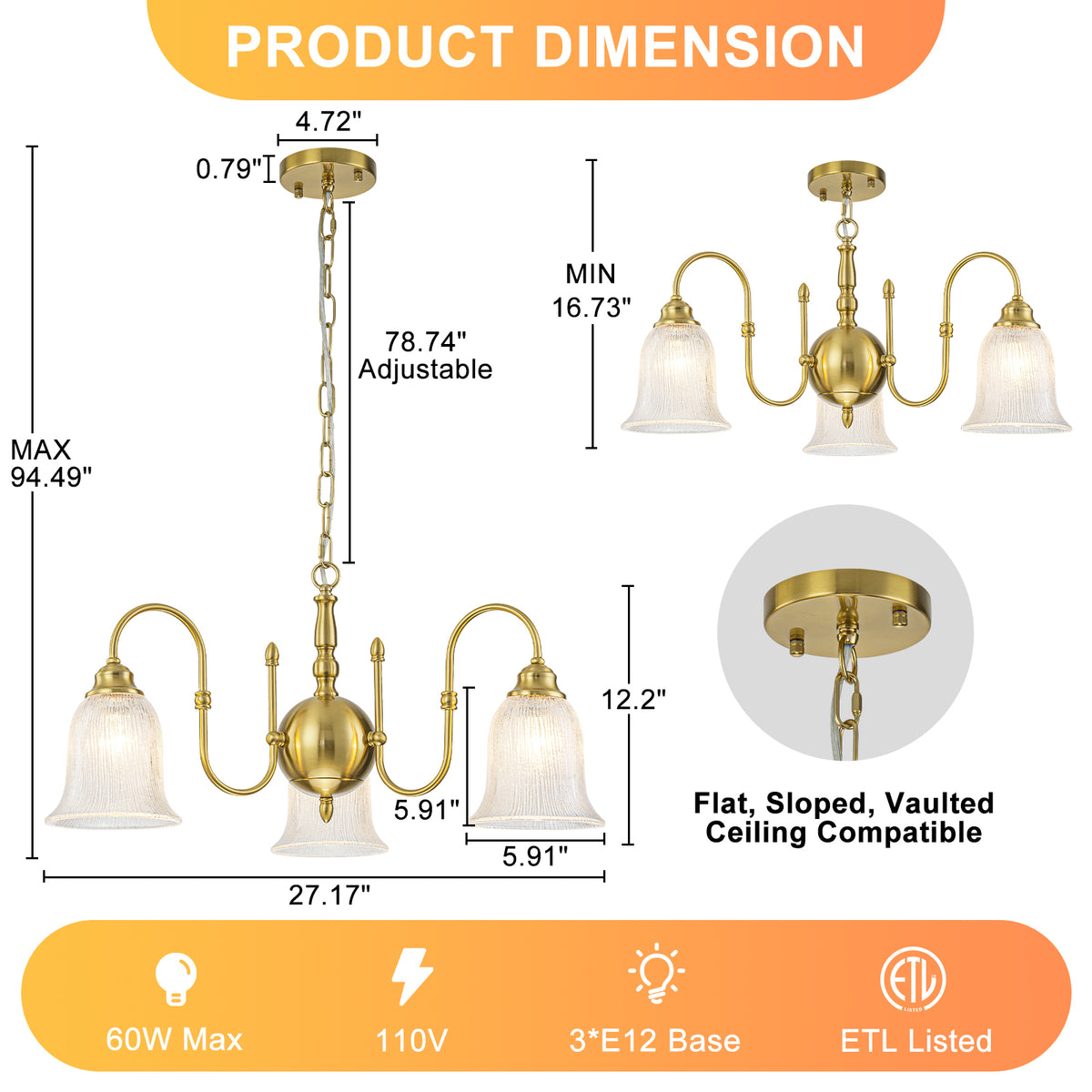 3-Light Vintage Gold S-Arm Chandelier with Frosted Glass Bell Shades - product image 7 | Zenvolit