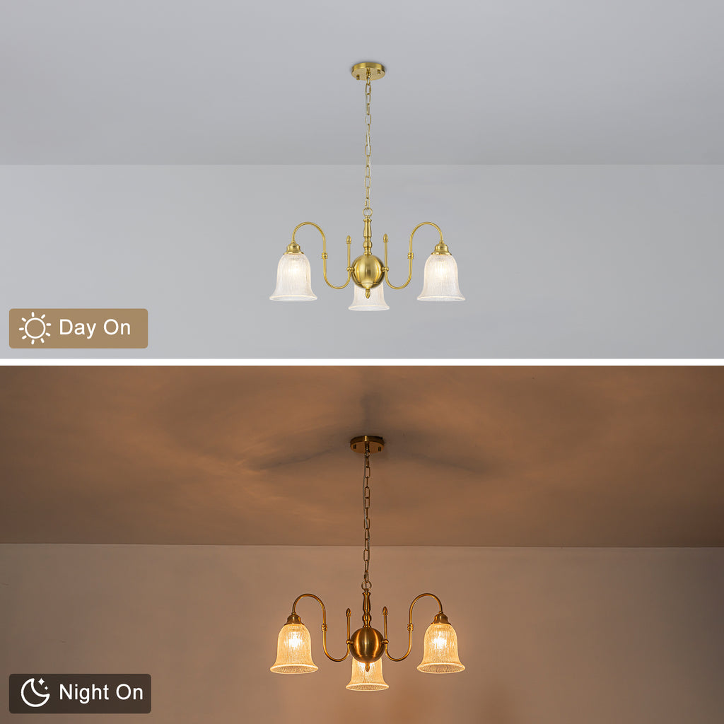 3-Light Vintage Gold S-Arm Chandelier with Frosted Glass Bell Shades - product image 8 | Zenvolit