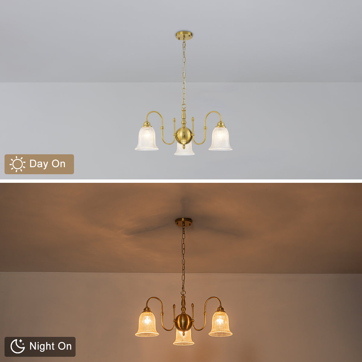 3-Light Vintage Gold S-Arm Chandelier with Frosted Glass Bell Shades - product image 8 | Zenvolit
