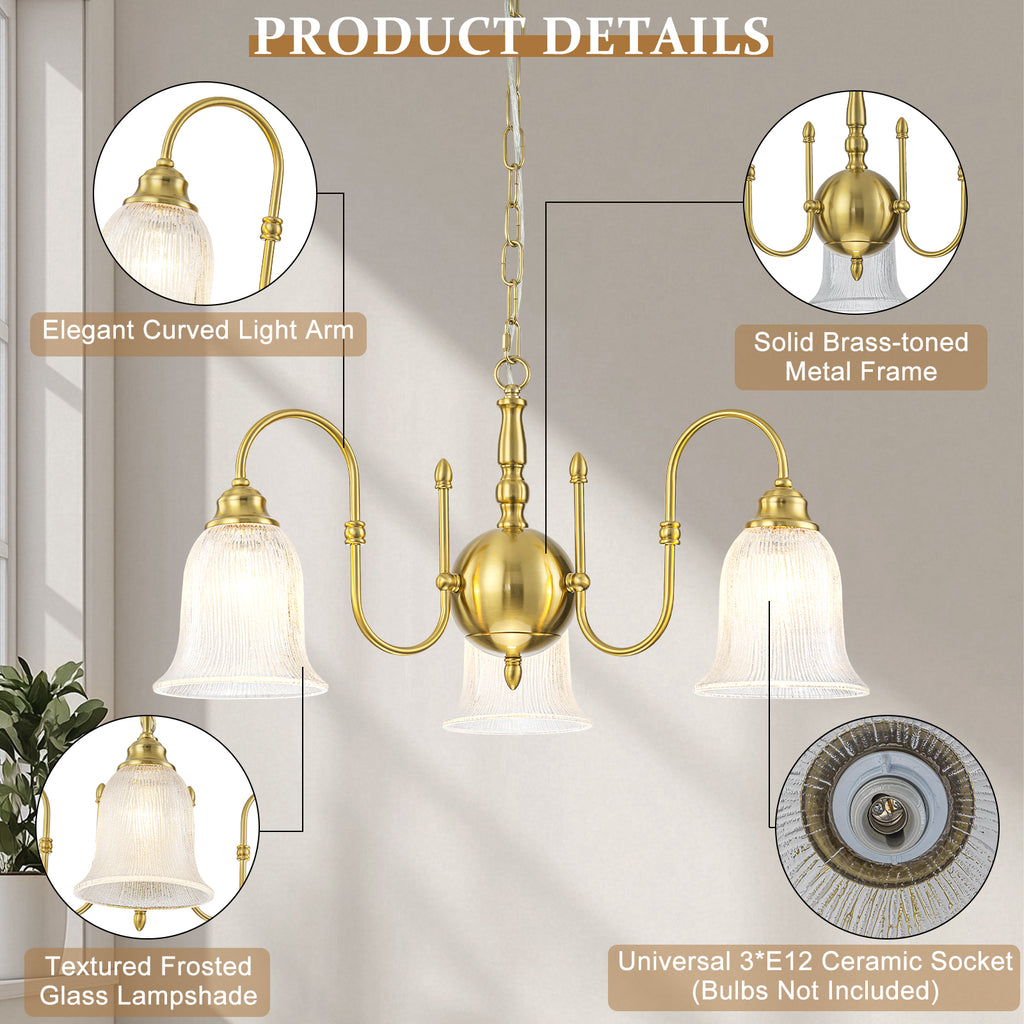 3-Light Vintage Gold S-Arm Chandelier with Frosted Glass Bell Shades - product image 14 | Zenvolit