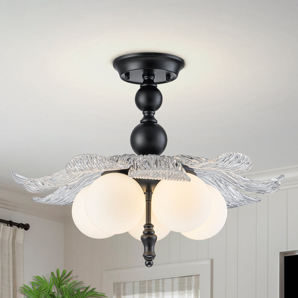 Black 5-Light Semi-Flush Mount with Tree-Textured Glass Frosted Globes - product image 2 | Zenvolit