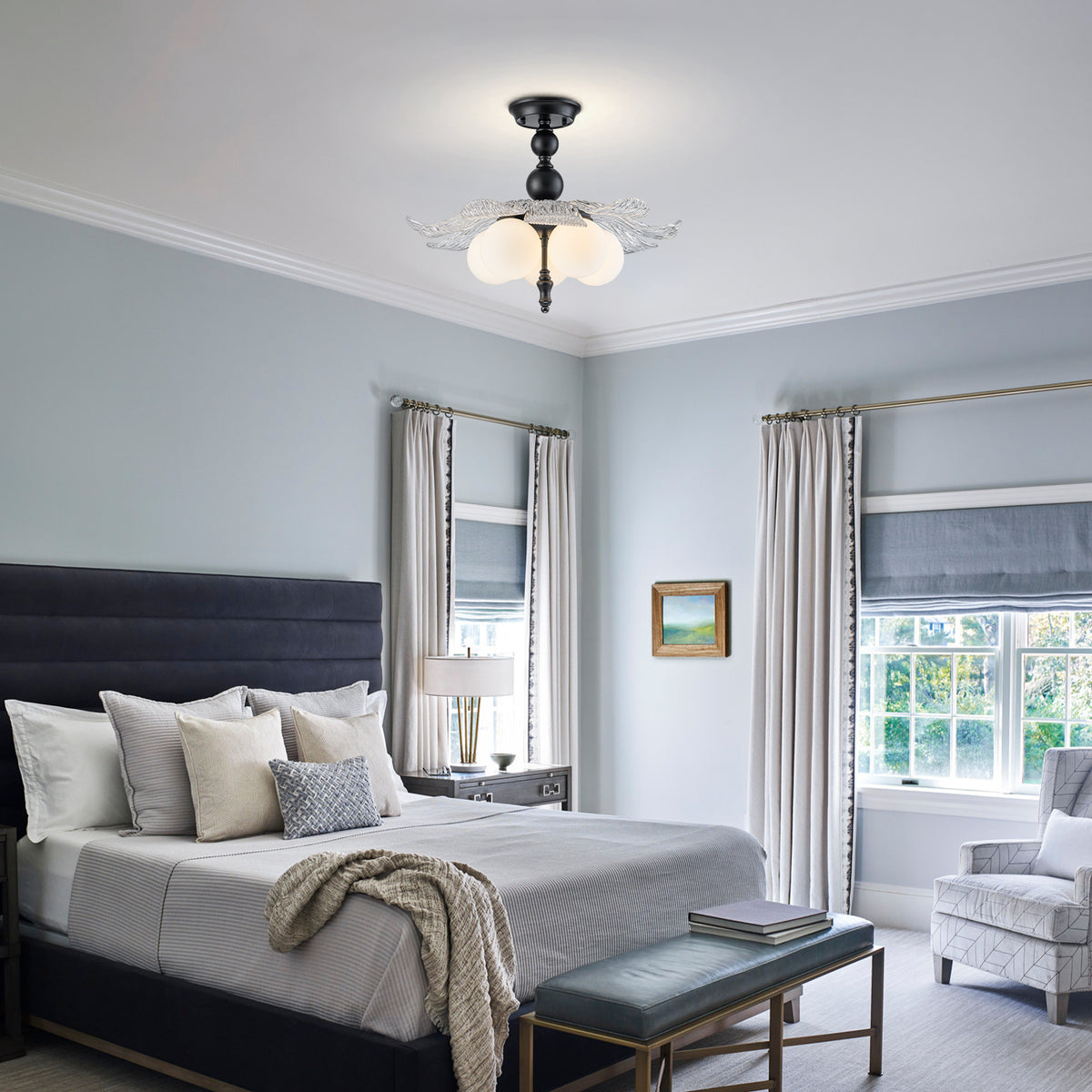 Black 5-Light Semi-Flush Mount with Tree-Textured Glass Frosted Globes - product image 5 | Zenvolit