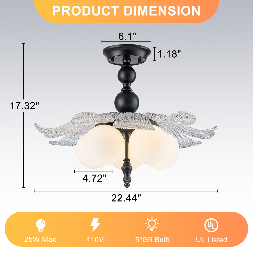 Black 5-Light Semi-Flush Mount with Tree-Textured Glass Frosted Globes - product image 8 | Zenvolit