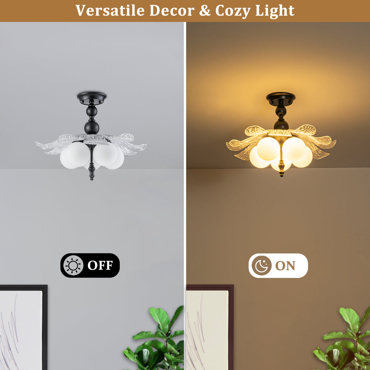 Black 5-Light Semi-Flush Mount with Tree-Textured Glass Frosted Globes - product image 12 | Zenvolit
