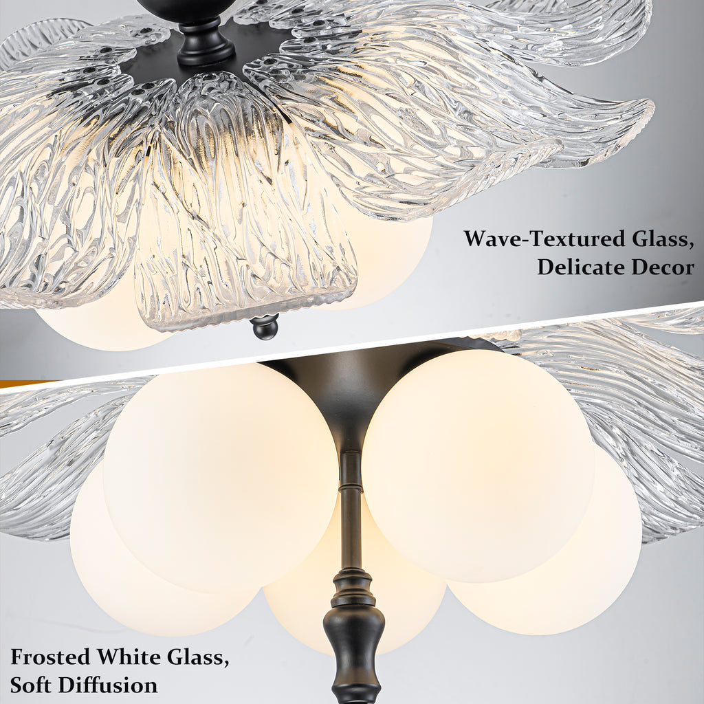 Black 5-Light Semi-Flush Mount with Tree-Textured Glass Frosted Globes - product image 13 | Zenvolit