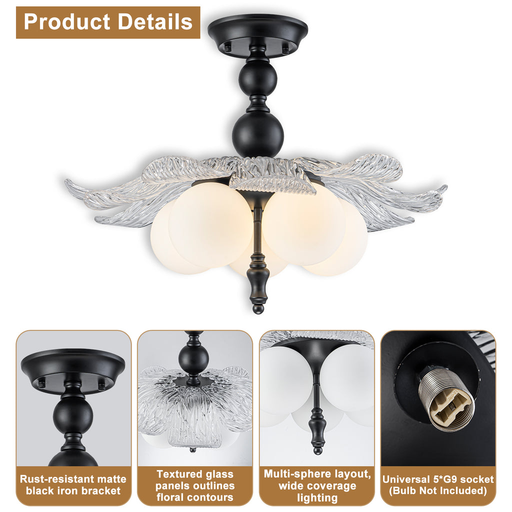 Black 5-Light Semi-Flush Mount with Tree-Textured Glass Frosted Globes - product image 14 | Zenvolit