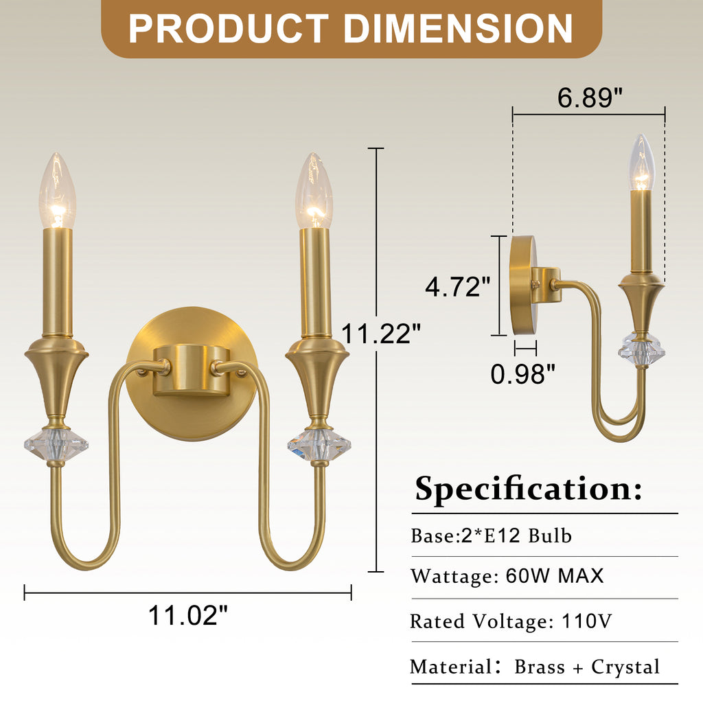 2-Light Farmhouse Classical Brass Wall Sconce with Crystal Accents - product image 7 | Zenvolit