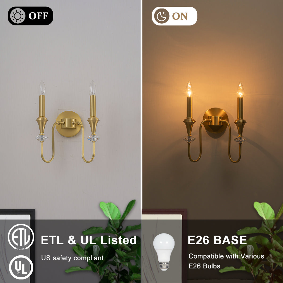 2-Light Farmhouse Classical Brass Wall Sconce with Crystal Accents - product image 8 | Zenvolit