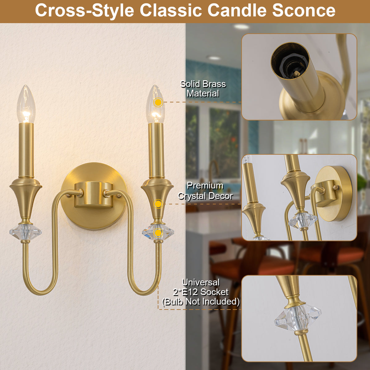 2-Light Farmhouse Classical Brass Wall Sconce with Crystal Accents - product image 13 | Zenvolit