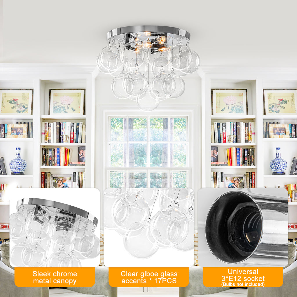 14 inch 3-Light Chrome Round Flush Mount Ceiling Light with Cord-Hung Clear Glass Globe - product image 9 | Zenvolit