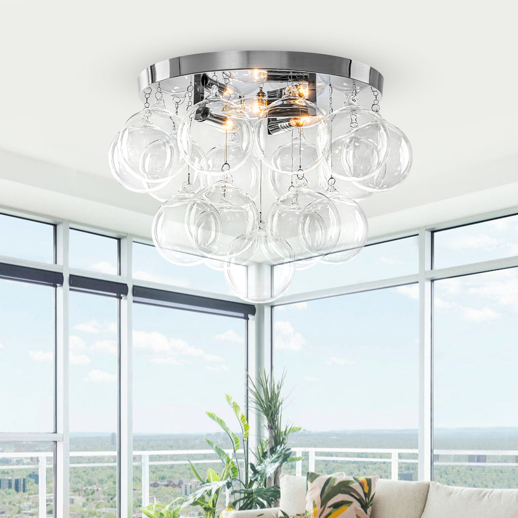 14 inch 3-Light Chrome Round Flush Mount Ceiling Light with Cord-Hung Clear Glass Globe - product image 11 | Zenvolit