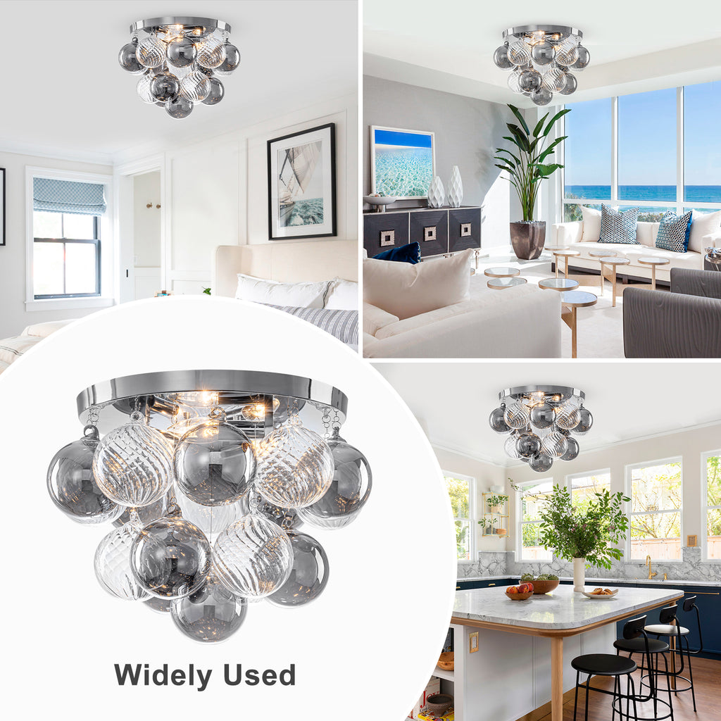 14 inch 3 Light Chrome Round Flush Mount Ceiling Light with Clear and Smoky Gray Glass Globe - product image 1 | Zenvolit