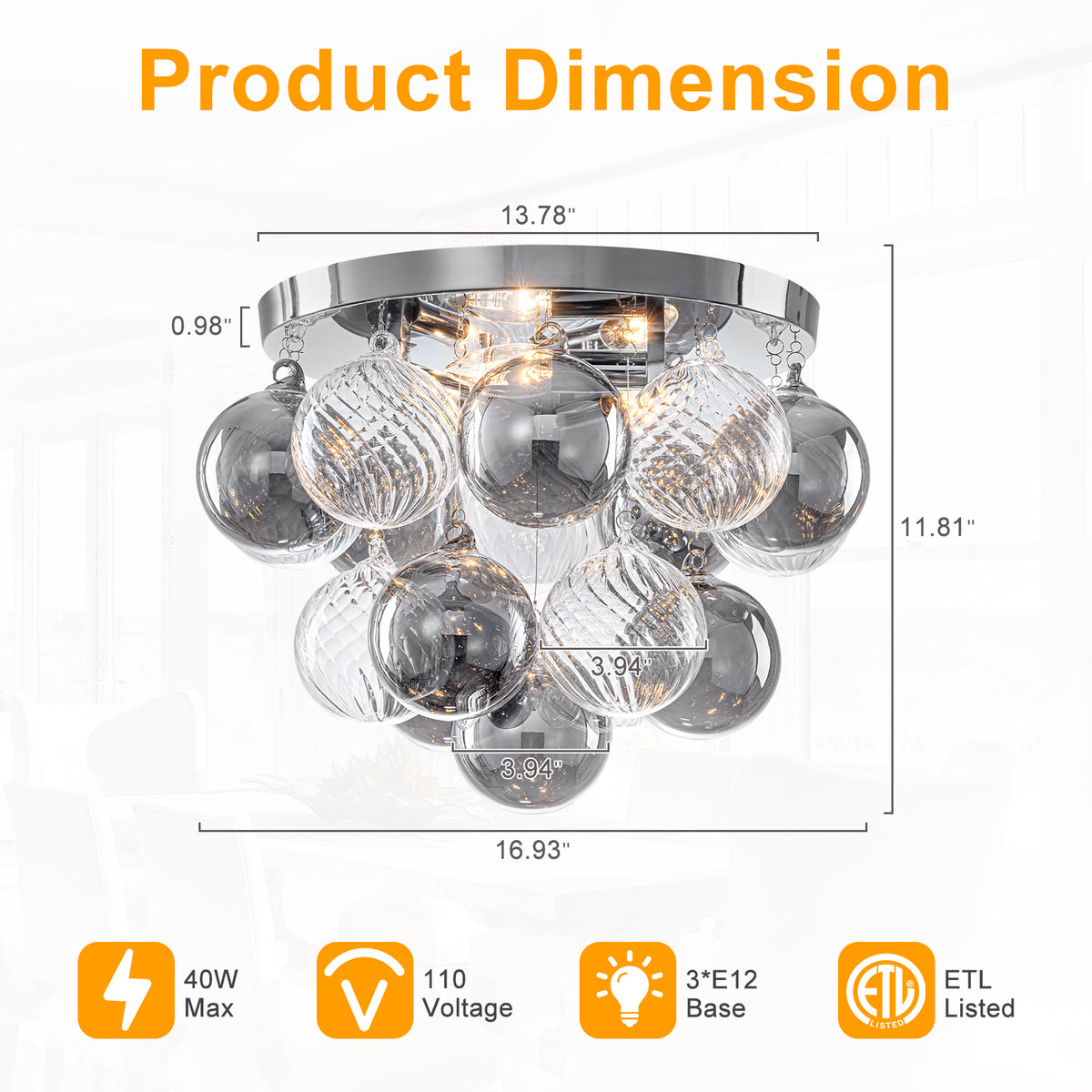 14 inch 3 Light Chrome Round Flush Mount Ceiling Light with Clear and Smoky Gray Glass Globe - product image 2 | Zenvolit
