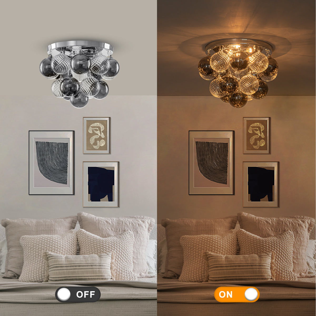 14 inch 3 Light Chrome Round Flush Mount Ceiling Light with Clear and Smoky Gray Glass Globe - product image 3 | Zenvolit