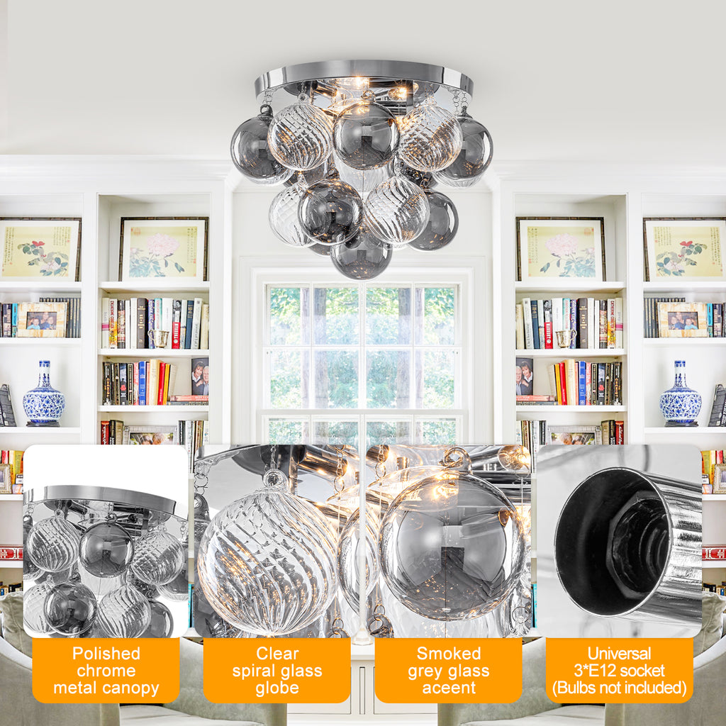 14 inch 3 Light Chrome Round Flush Mount Ceiling Light with Clear and Smoky Gray Glass Globe - product image 4 | Zenvolit