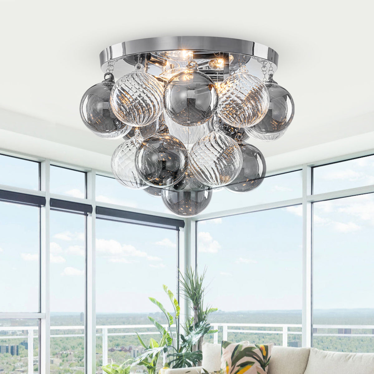 14 inch 3 Light Chrome Round Flush Mount Ceiling Light with Clear and Smoky Gray Glass Globe - product image 6 | Zenvolit