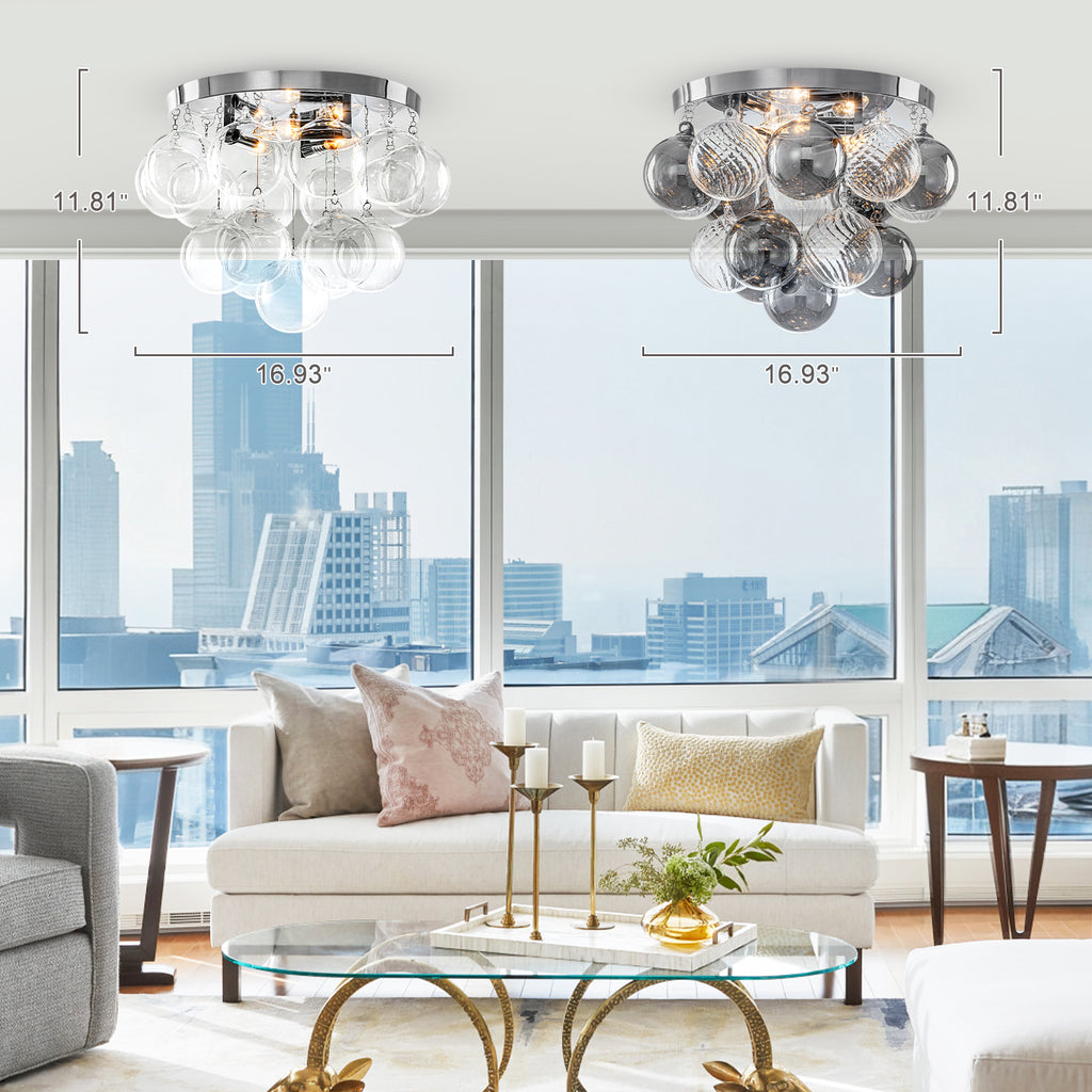 14 inch 3 Light Chrome Round Flush Mount Ceiling Light with Clear and Smoky Gray Glass Globe - product image 16 | Zenvolit