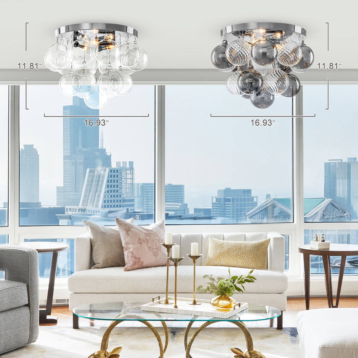 14 inch 3 Light Chrome Round Flush Mount Ceiling Light with Clear and Smoky Gray Glass Globe - product image 16 | Zenvolit