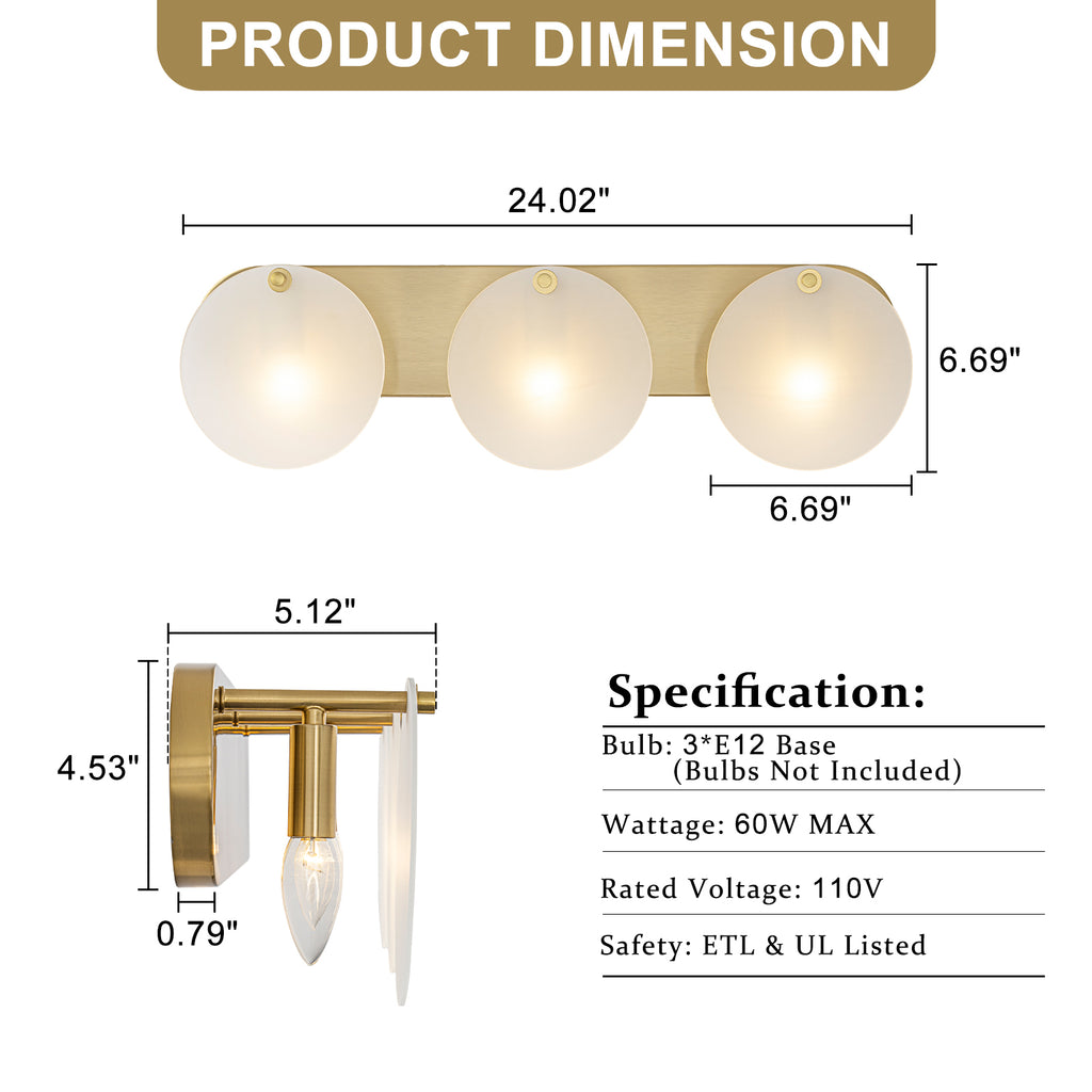 Modern Gold 3-Light Vanity Light Frosted Glass Bathroom Fixture - product image 7 | Zenvolit