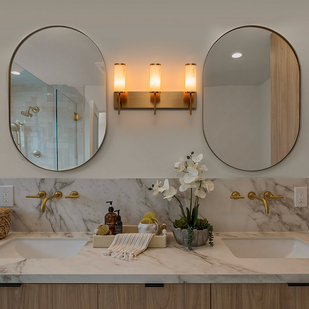 3-Light Gold Vanity Light Cylindrical Marble Crackle Glass Shades - product image 6 | Zenvolit