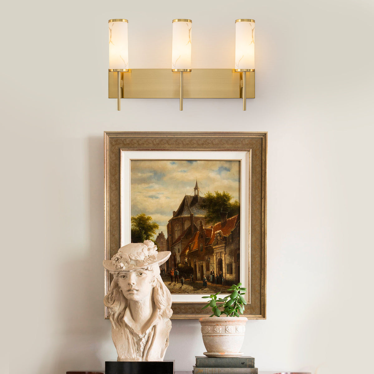 3-Light Gold Vanity Light Cylindrical Marble Crackle Glass Shades - product image 8 | Zenvolit