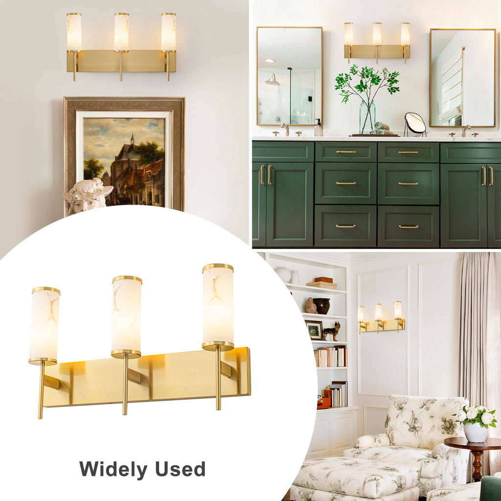 3-Light Gold Vanity Light Cylindrical Marble Crackle Glass Shades - product image 10 | Zenvolit