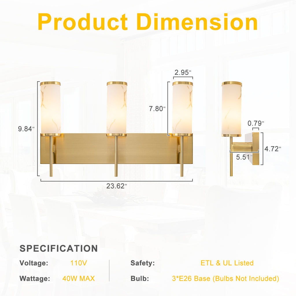3-Light Gold Vanity Light Cylindrical Marble Crackle Glass Shades - product image 11 | Zenvolit